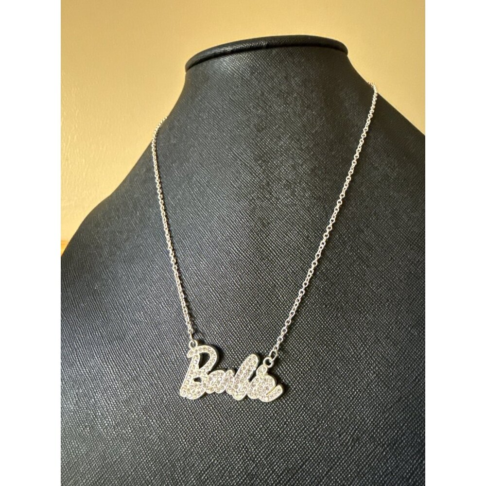 Barbie-Inspired Silver Rhinestone Pendant Necklace Script Logo  With Chain